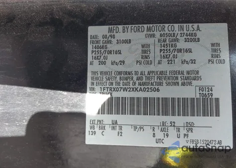 1999 Ford F-150 Lariat/Work Series/Xl/Xlt from USA, damaged, VIN 1FTRX07W2XKA02506